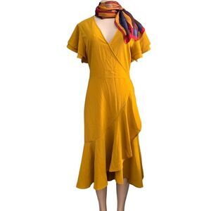 A New Day Mustard Gold Faux Wrap Texture Ruffle Short Sleeve Midi Dress Plus XXL